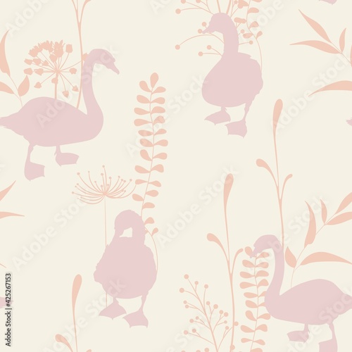 Beautiful seamless pattern with white swans and herbs  silhouette illustration on light background.