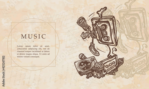 Music. Hip-hop. Audio cassette dances break dance. Funny art. Musical street culture. Renaissance background. Medieval manuscript, engraving art