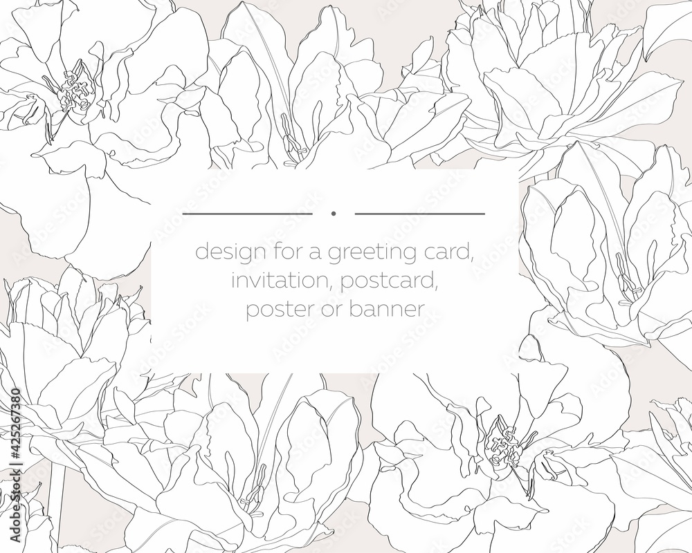 Botanical wedding invitation card template design, tulip flowers line art ink drawing background. 
