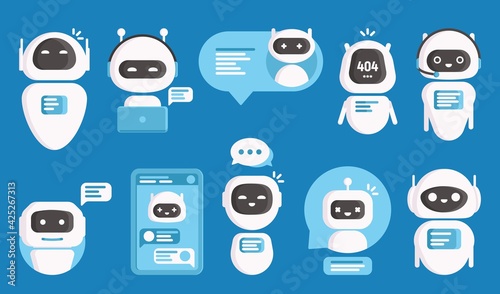 Chatbots or ai chat bots, vector artificial intelligence and future smart technology. Flat android robots of online customer support, virtual assistant with speech bubbles, mobile app interface screen