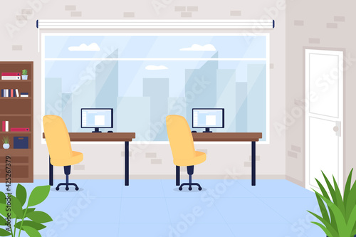 Office workspace flat color vector illustration. Job position, work in company. Corporate space. Computers on desk. Workplace for marketing team 2D cartoon interior with furniture on background