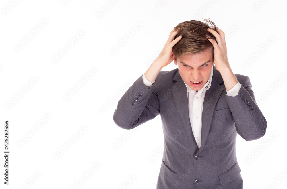 Portrait frustrated and angry business man in panic standing over isolated on white background Serious Exhausted work stressed Expression face concept Guy touching on head feeling tired suffering work Portrait frustrated and angry business man in panic standing over isolated on white background Serious Exhausted work stressed Expression face concept Guy touching on head feeling tired suffering work