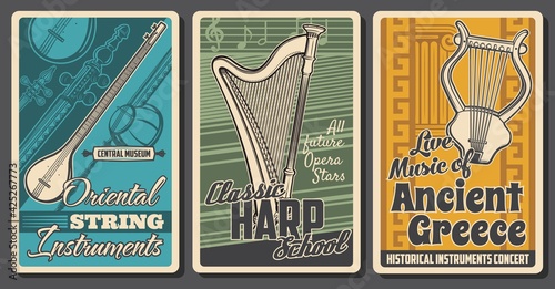 String music instrument vector banners with ancient Greek lyre, harp, oriental shamisen, saz, tanbur and tar, musical notes, staves and treble clef. Folk music festival and live concert invitation