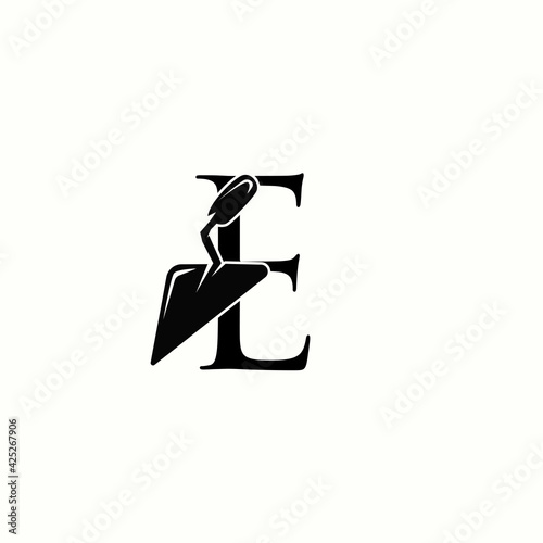 logo letter e with icon trowel tool for home repair vector design