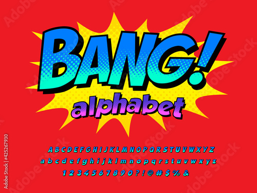 Comical style vector font design with uppercase, lowercase, numbers and symbols