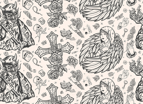 Angel and devil seamless pattern. Good and evil.  Old school tattoo style. Cross with roses, hands prayer, dove. Sin and holiness. Paradise and Hell art. Terrible satan with pitchforks and holy nun