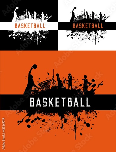 Basketball posters with color splash, sport club tournament, vector orange background. Basketball league or streetball team game posters with players silhouettes jumping with ball on paint splash