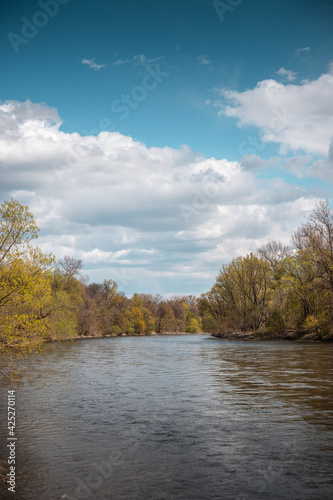 Beautiful natural scenery of river with forest, clouds and blue sky