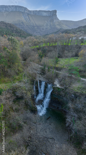 Waterfall of Penaladros in Cozuela aerial view, Burgos, Spain. photo