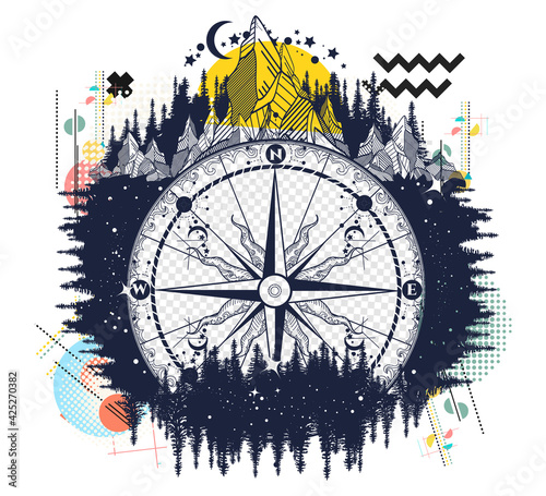 Mountain and compass.  Adventure, travel and outdoors symbol. Zine culture concept. Hand drawn vector glitch tattoo, contemporary cyberpunk collage. Vaporwave art