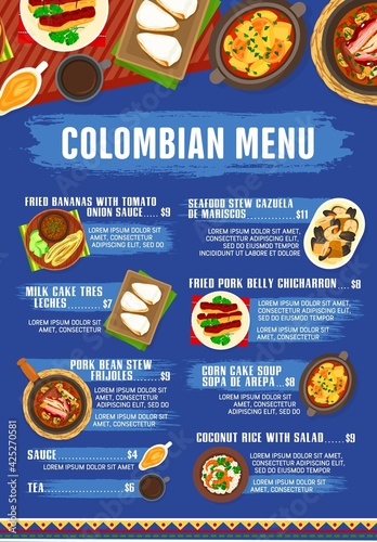 Colombian cuisine vector menu pork bean stew frijoles, seafood stew cazuella de mariscos and fried pork belly chicharron. Corn cake soup sopa de arepa, coconut rice with salad and tea, Colombia food