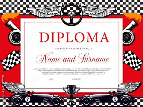 Winner of the race diploma certificate vector template with racing cars and flags. Motor sport achievement certificate and first place award with race competition trophy cup, cars and steering wheel