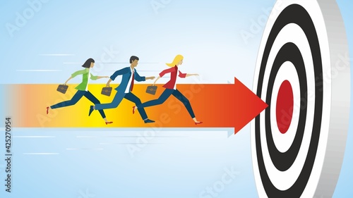 Businesspeople running along arrow to goal, dartboard. Concept competing or teamworking. Dimension 16:9. Vector illustration. EPS10.