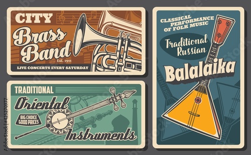 Folk music instrument and musical note vector banners of live concert and ethnic festival invitation. Russian balalaika, Japanese shamisen and French horn, note stave and treble clef retro design