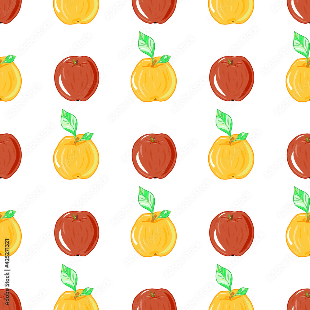 Yellow red apples pattern. Idea for decors, ornaments, wallpapers, gifts, damask, paper, covers, templates, celebrations, summer holidays, natural fruit themes. Isolated vector art. 