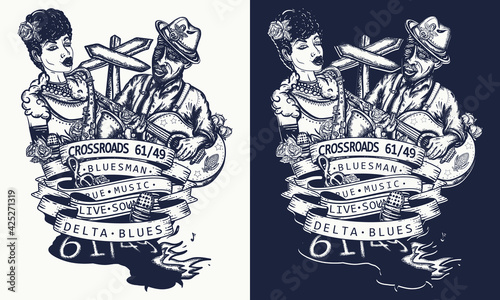 Blues music. Elderly Afro American bluesman playing slide guitar. Beautiful black jazz woman, saxophone. Musical legend. Template for clothes, poster, t-shirt design