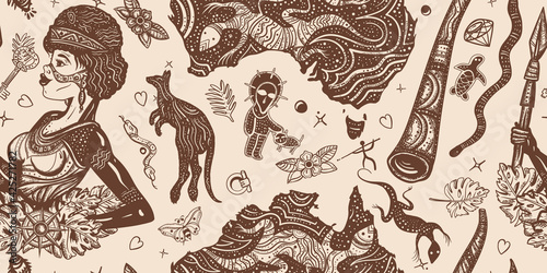 Ethnic Australian woman in traditional costume. Aboriginal tribes bushmen. Australia seamless pattern. Boomerang, rock painting, kangaroo, didgeridoo, map. Old school tattoo vector graphics