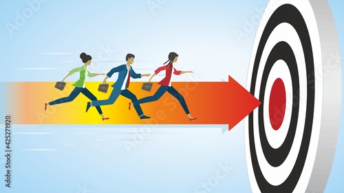 People running along an arrow to the goal, dartboard. Business concept success. Dimension 16:9. Vector illustration. EPS10.