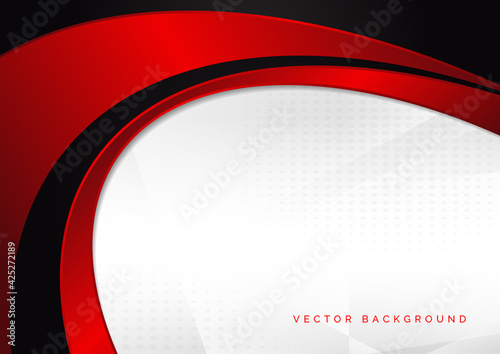 Abstract template red and black curve on dot pattern white background.