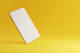 Mobile phone mockup with white blank screen on yellow background with copy space. Technology and communication gadget concept. 3D illustration rendering graphic design