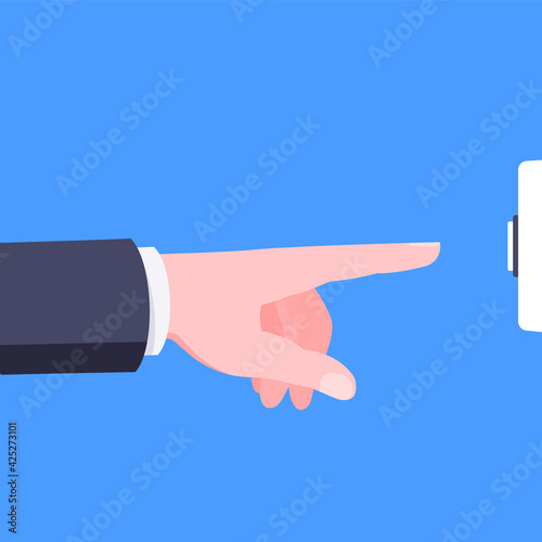 Male hand pushes doorbell button flat style design vector illustration isolated on blue background. Finger touches door bell switch button to ring.