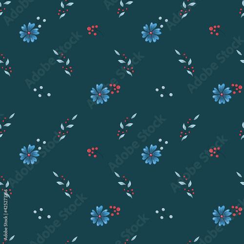 Vector seamless pattern of dark blue flowers, blue leaves and red berries on a dark background.
