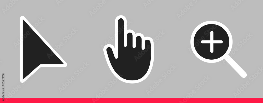 Black and white arrow, hand and magnifier mouse cursor icons vector illustration set flat style design isolated on gray background. Black and white arrow, hand and magnifier mouse cursor icons vector illustration set flat style design isolated on gray background.