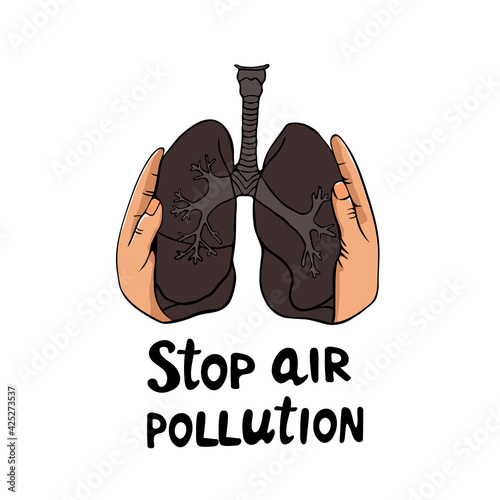 Stop air pollution modern illustration with female hands holding diseased lungs isolated on white background. Environmental pollution concept. Vector