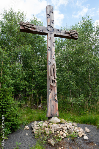 Station XII of the Way of the Cross: Jesus dies on the Cross. Kalvária na Peknú vyhliadku, Starý Smokovec, Slovakia. 2020-07-27. 