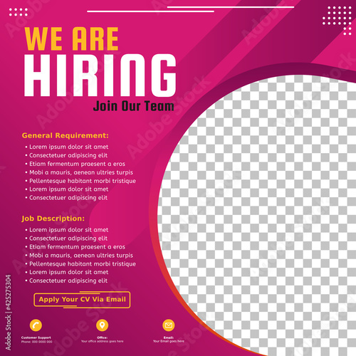 Modern job vacancy square web banner for social media post. Hiring job template for 
