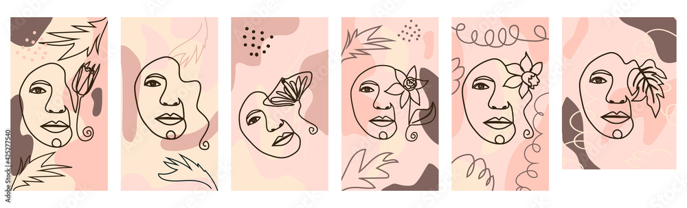 Fototapeta premium butterfly Surreal Faces Continuous line, faces and hairstyle, fashion concept, woman beauty minimalist, illustration pretty sexy. Contemporary portrait