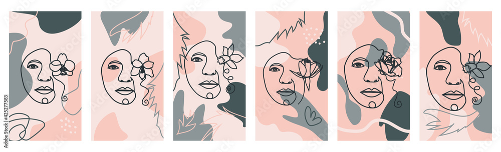 Fototapeta premium butterfly Surreal Faces Continuous line, faces and hairstyle, fashion concept, woman beauty minimalist, illustration pretty sexy. Contemporary portrait