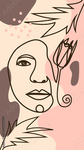 Woman face with flowers one line drawing. Half of the face is a flower. Continuous line drawing art. Nature cosmetics.