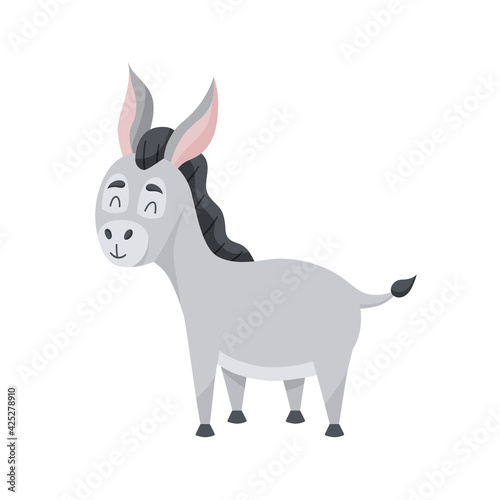 Young grey ass in cartoon style. The cute character is happy. Vector illustration, isolated color elements on a white background
