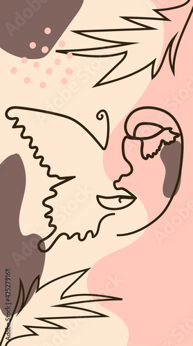 butterfly Surreal Faces Continuous line, faces and hairstyle, fashion concept, woman beauty minimalist, illustration pretty sexy. Contemporary portrait.