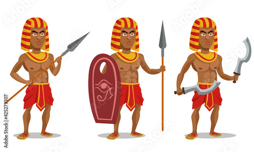 Egyptian warrior in different poses. Male character in cartoon style.