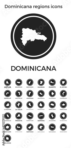 Dominicana regions icons. Black round logos with country regions maps and titles. Vector illustration.