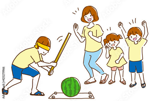 楽しくスイカ割りをしている若い親子の線画イラスト