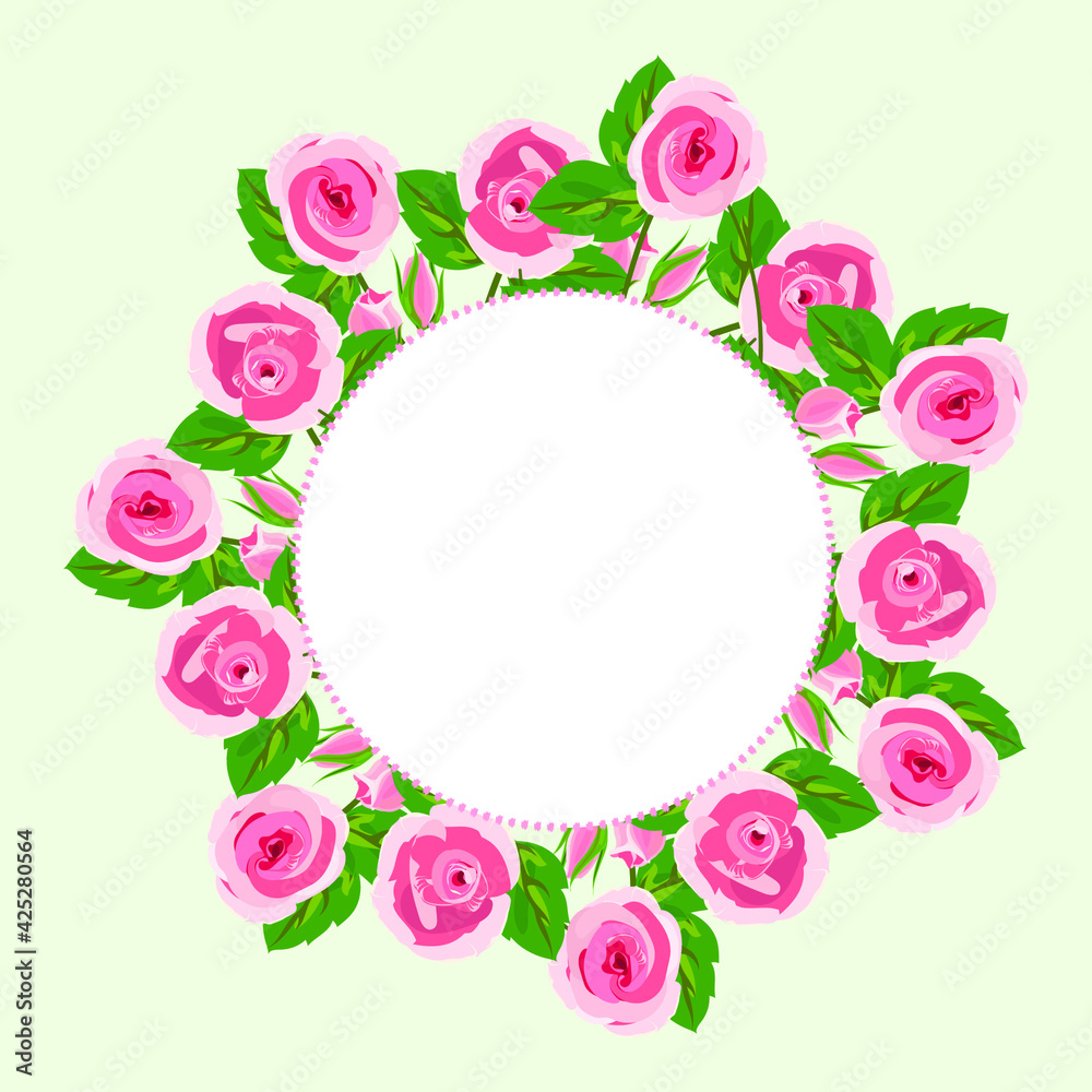 Vector round pattern with small pink roses and green leaves with space for text