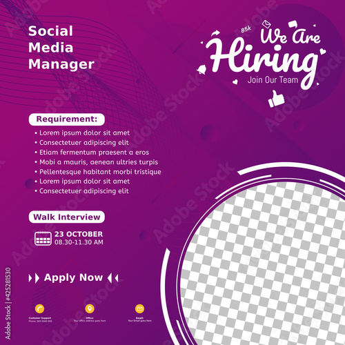 Modern job vacancy square web banner for social media post. Hiring job template for 