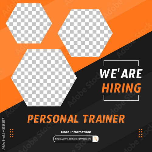 Modern job vacancy square web banner for social media post. Hiring job template for Personal trainer, gym, body builder instructor