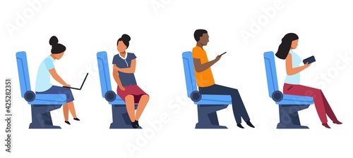 Passengers in airplane, bus or train seats. People sitting in armchairs in transport. Men and women work with laptops and smartphones or communicate while riding in vehicle, vector set