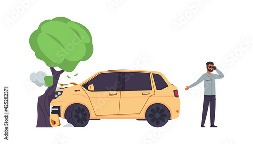 Car accident. Automobile crashes into tree. Man talking on smartphone. Angry driver calling tow truck. Broken vehicle with damaged hood. Vector collision of transport with plant trunk