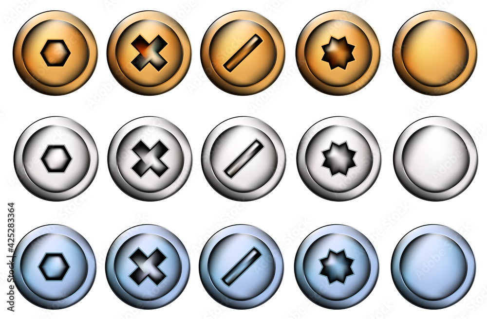 screw heads and bolts of several colors