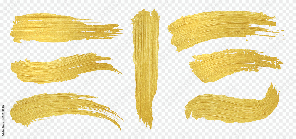 Golden brush. Realistic paint strokes, luxury gold smears on transparent background. Decorative templates for labels and stickers. Yellow brushstrokes set. Vector shimmery textures