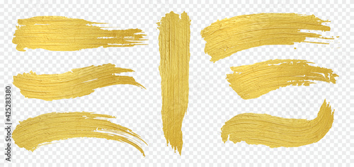 Golden brush. Realistic paint strokes, luxury gold smears on transparent background. Decorative templates for labels and stickers. Yellow brushstrokes set. Vector shimmery textures