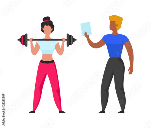 Gym coach. Cartoon fitness trainer helps girl workout. Instructor teaches woman doing sport exercise correctly. Female athlete training with barbell. Vector sportsman lifting dumbbells