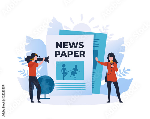 Online newspaper. Cartoon people recording reportage. News website. Videographer filming reporter's review, journalist talking about event. Newsprint pages with header, vector newsletter