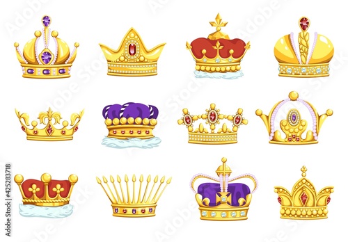 Cartoon crowns. Golden king and queen royal headwear. Gold diadems with diamonds. Monarch symbols set, coronation headdress. Vector yellow metal tiaras decorated with precious gems
