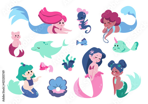 Cartoon mermaid. Cute faire tale character. Seamaid princess with tail. Girl swimming underwater. Sea animals and fish, dolphin or marine cat. Mythological siren, vector water nymphs set